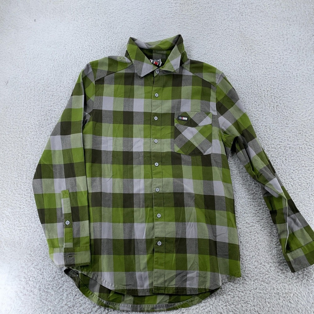 Helly Hansen Shirt Mens Medium Green Gray Plaid Long Sleeve Button Down Outdoors